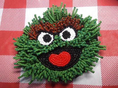 Finished Oscar the Grouch bead embroidered pin or brooch
